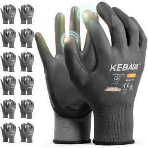 Kebada W1 Work Gloves for Men and Women, PU Coated Safety Gloves with Grip, Touchscreen, Ideal for Warehouse Package Handling, Construction, Gardening, 12 Pairs Gray Large-0