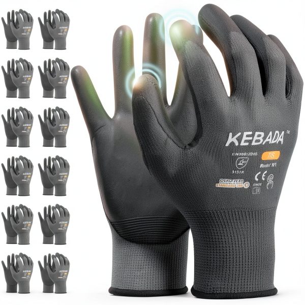 Kebada W1 Work Gloves for Men and Women, PU Coated Safety Gloves with Grip, Touchscreen, Ideal for Warehouse Package Handling, Construction, Gardening, 12 Pairs Gray Large-0